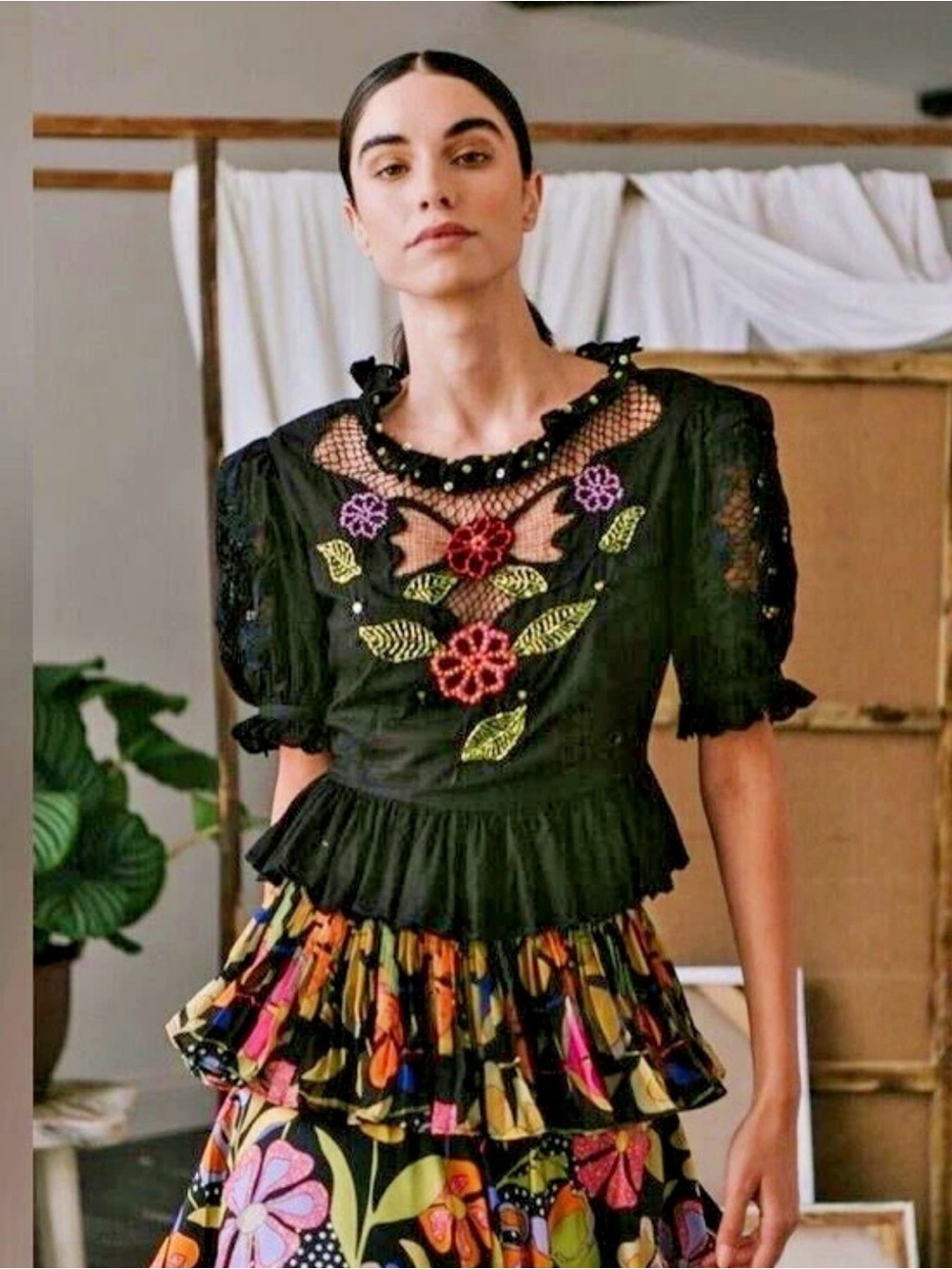 Celia B Ciclamen Top XS Embellished Mesh Floral Ruffle Blouse